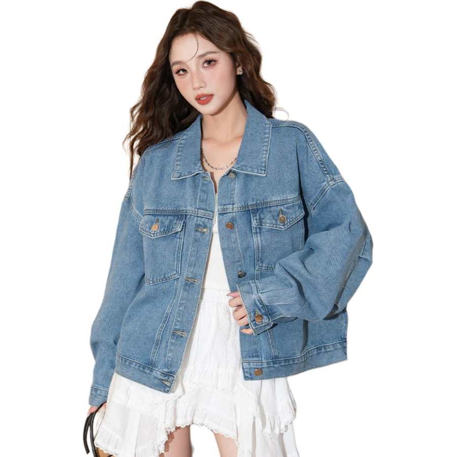 Tonlion Denim Jackets Women's Light Blue Lapel Moderate Straight Fit