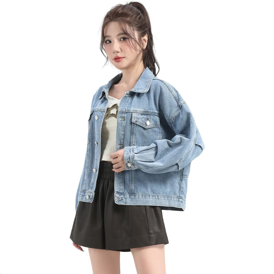 Tonlion Denim Jackets Women's Light Blue Lapel Moderate Straight Fit