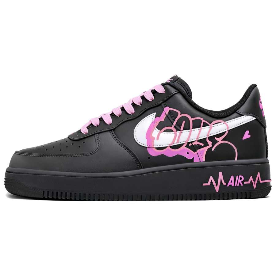 Nike Nike Air Force 1 GS Black Pink Fantasy GM Blossom Rose, Graffiti Hand Drawn Couple Abrasion Resistant Low top