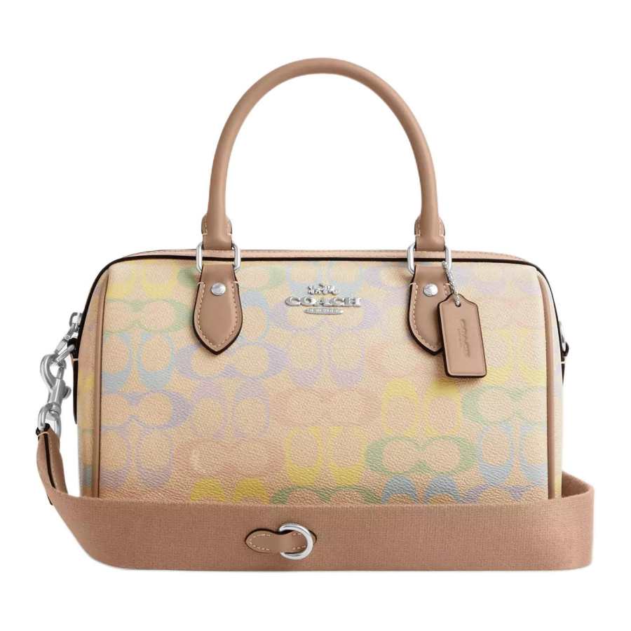 COACH Rowan Coated Canvas Boston Bag, One Shoulder Handbag Medium Women's Sand