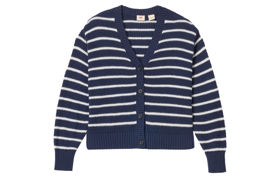 Levis Knitwear Women's Blue White Stripes V Neck Moderate Cardigan
