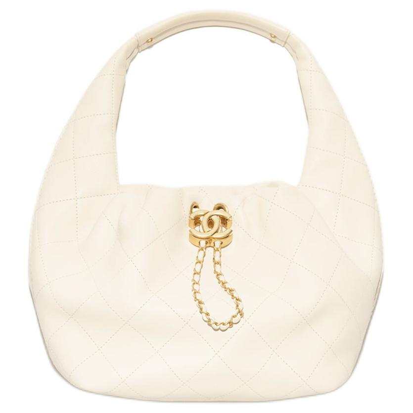 CHANEL Calfskin & Gold Metal Hobo Bag Shoulder Bag Large Women's Light Beige