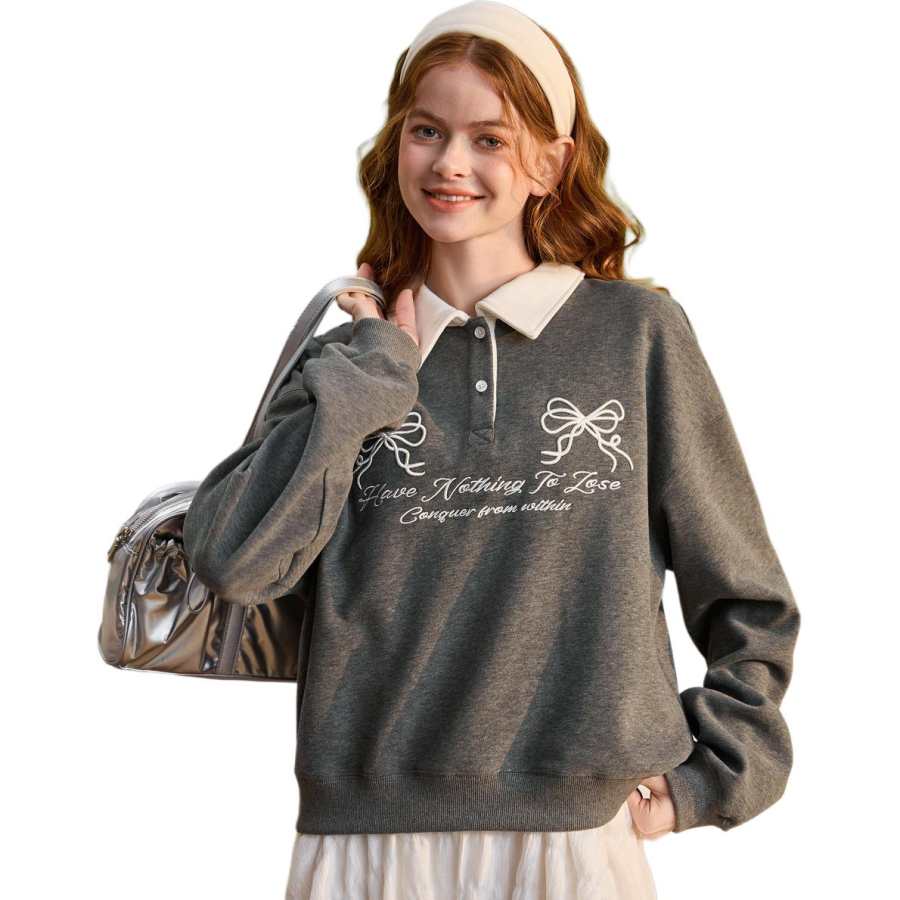 Tonlion Sweatshirts Women's Dark Heather Gray Lapel Moderate Regular