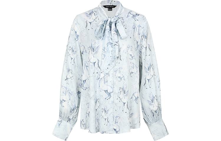 URBAN REVIVO Shirts Women's Aqua Blue Print Ribbon Collar Moderate Shirt