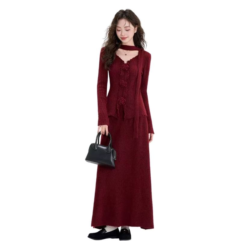 SIXUSICHOU Two Piece Skirt Sets Women's V Neck Moderate Long