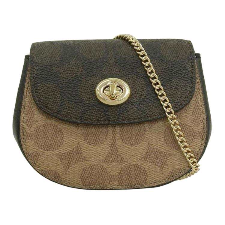 COACH Turnlock Coated Canvas Shoulder Bag Mini Women's Gold & Peachwood & Brown & Umber
