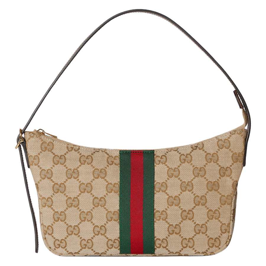 GUCCI Canvas With Leather Crossbody Bag, Shoulder Bag Small Women's Sand & Dark Brown