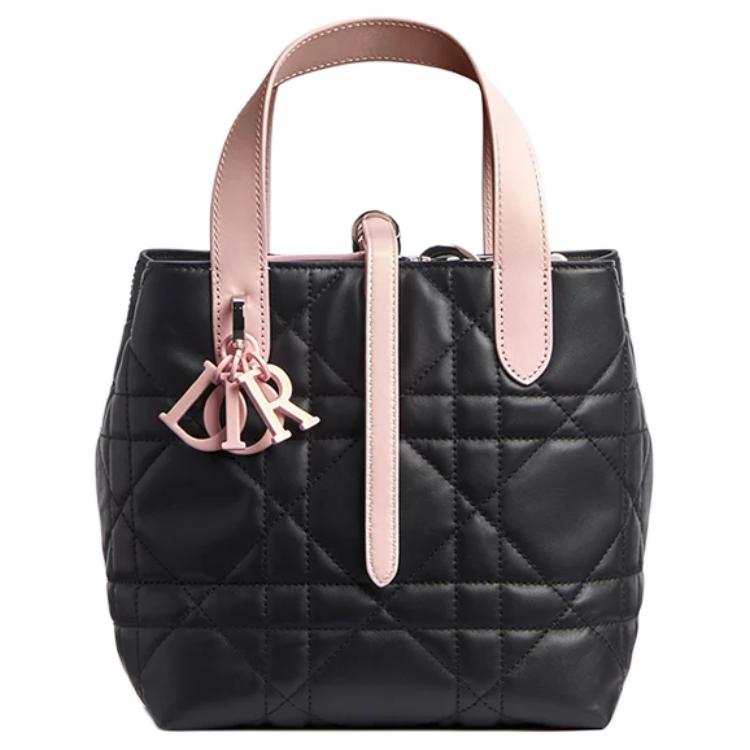 DIOR Toujours Cow Leather Handbag Small Women's Light Pink & Black