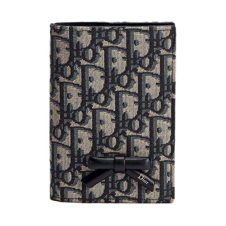 DIOR OBLIQUE Cotton With Cow Leather Passport Holder Women's Blue