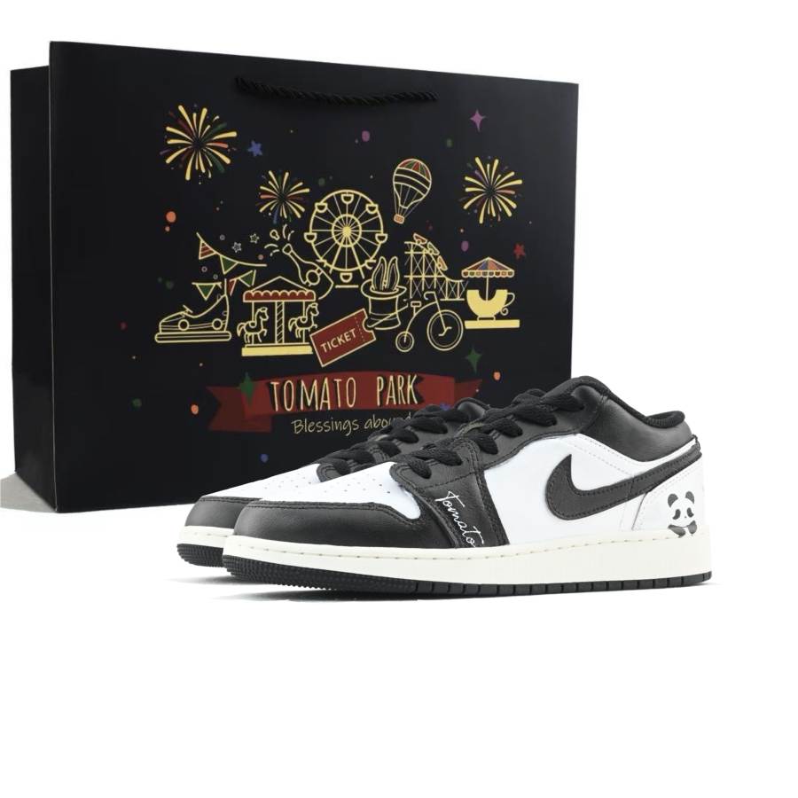 Jordan Jordan Air Jordan 1 Panda Abrasion Resistant Slip Resistant Low top Kids' Skateboarding Shoes Black White Teenagers