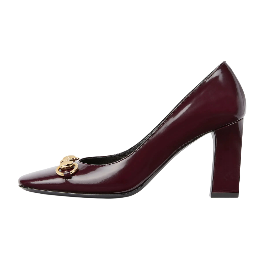 GUCCI Signoria Leather Chunky Heel High Heels 8.5cm Women's Dark Burgundy