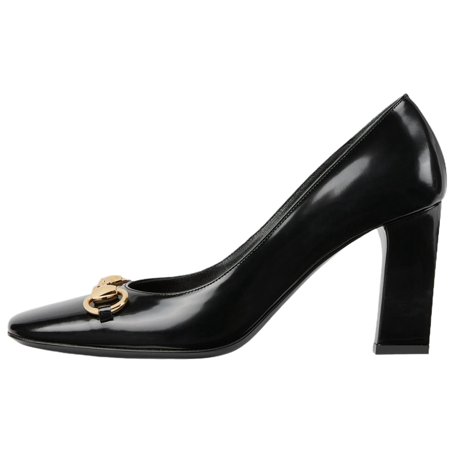 GUCCI Signoria Leather Chunky Heel High Heels 8.5cm Women's Black
