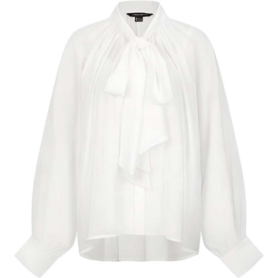 URBAN REVIVO Chiffon Shirts Women's White Ribbon Collar Thin