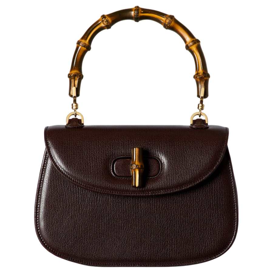 GUCCI Bamboo 1947 Grain Leather One Shoulder Handbag Small Women's Dark Brown