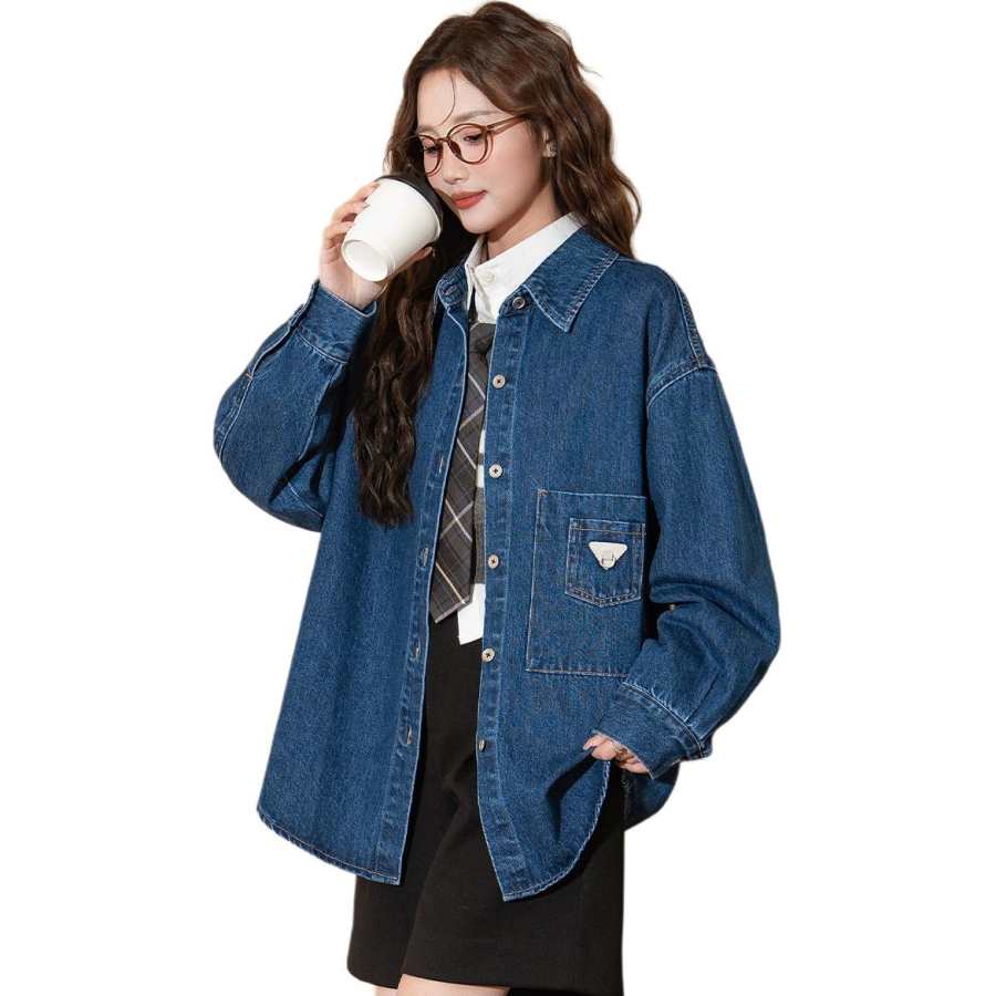 Tonlion Shirts Women's Medium Blue Lapel Moderate Denim