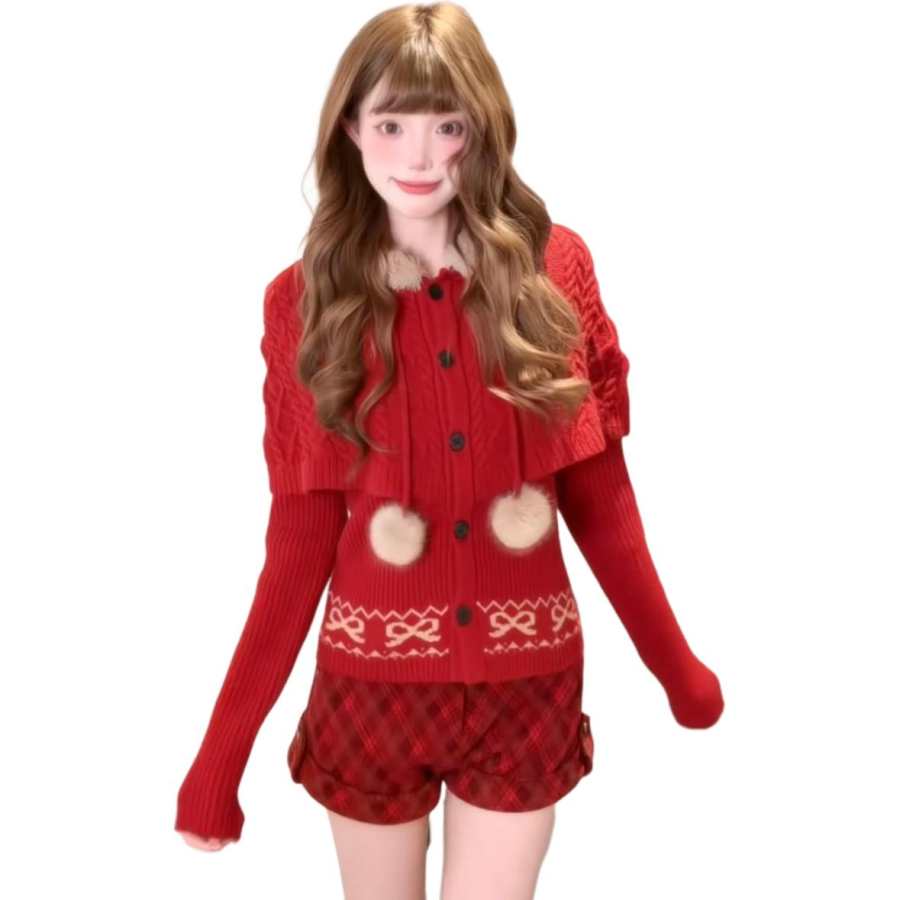 VENICEW Knitwear Women's Red Hooded Moderate Cardigan