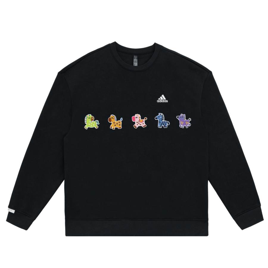 Adidas Adidas LABEL Horse Year Limited Cute Cartoon Pony Crew Neck Fleece Lined Long Sleeved Sweatshirt Unisex Black