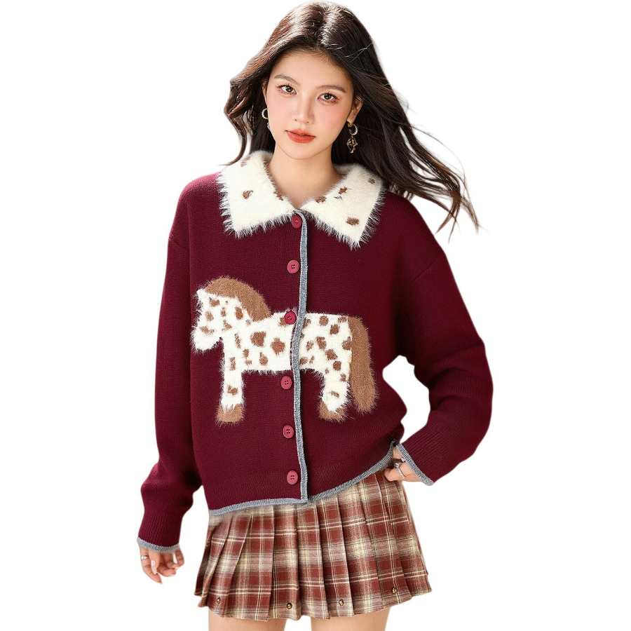 Cotton Gene Knitwear Women's Red Lapel Moderate