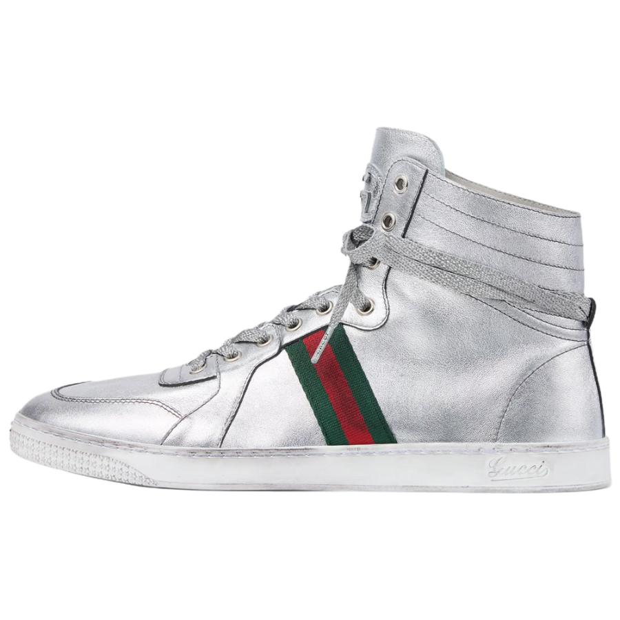 GUCCI Stretch Leather High top Skateboard Shoes Men's Silver