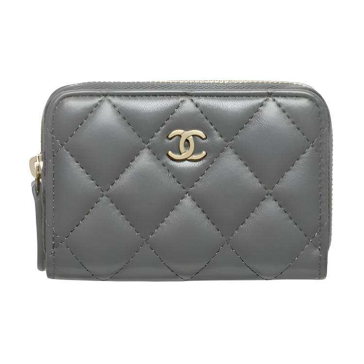 CHANEL Lambskin Coin Purse Women's Gray Black