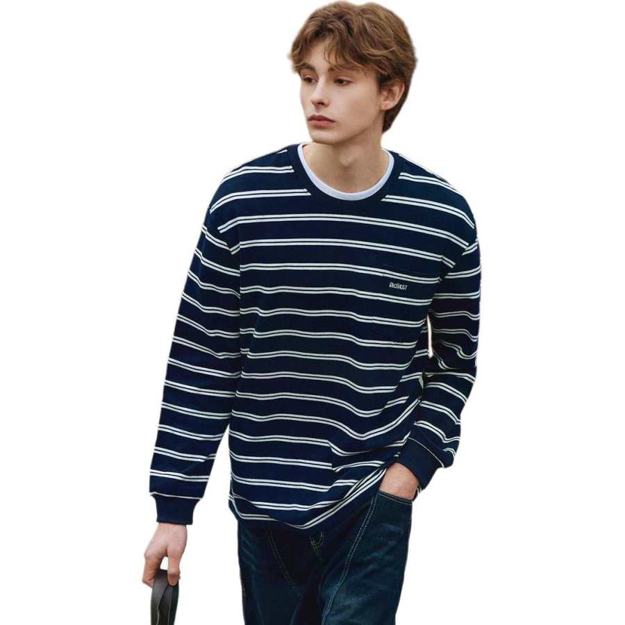 Tonlion T Shirts Men's Navy Blue Crew Neck Moderate Straight Fit