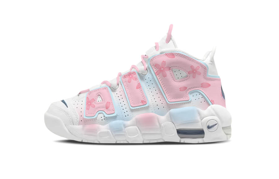 Nike Nike Air More Uptempo Pink Cherry Blossom Ice Blue Air Cushioning Abrasion Resistant Mid top Basketball Shoes Women's