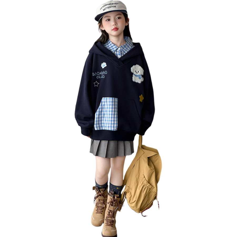 Lanza Casual Sweatshirt Winter Fleece Lined Patchwork Plaid Puppy Top Teenagers