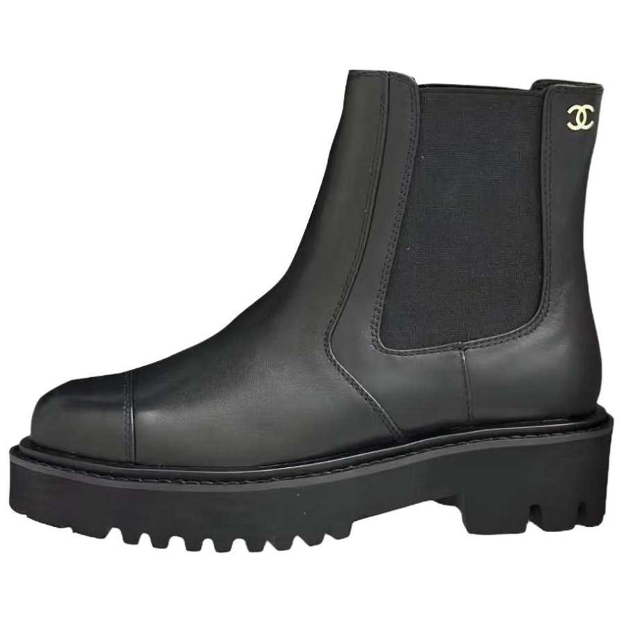 CHANEL 24B Cow Leather Short Chelsea Boots Women's Black