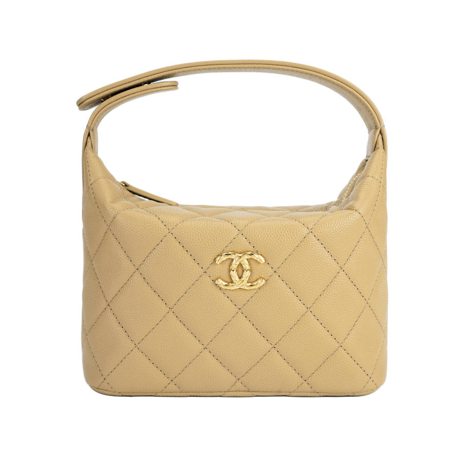CHANEL HOBO Grain Cow Leather Material Gold Metal Crossbody Handbag Women's Beige Yellow