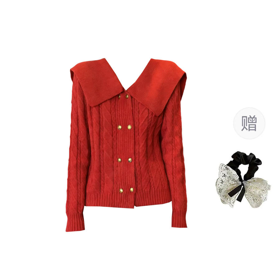 CPAURA Knitwear Women's Red Comes With Hair Tie Peter Pan Collar Moderate Base Layer