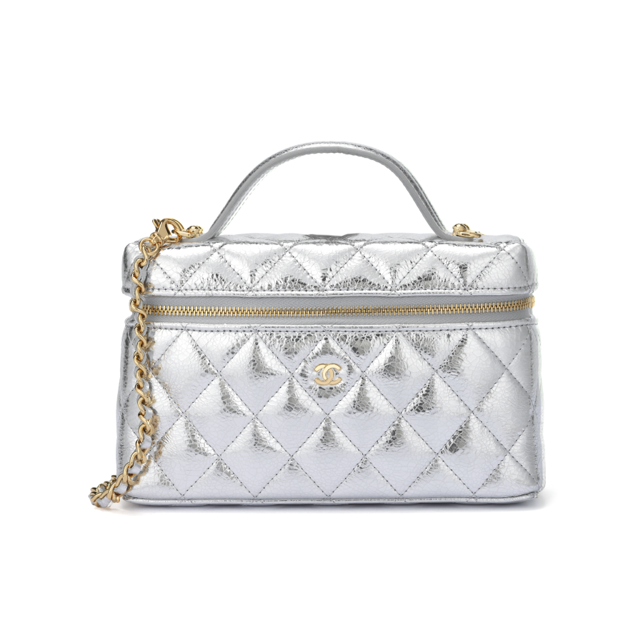 CHANEL Cow Leather Material Gold Chain Makeup Bag Women's Silver