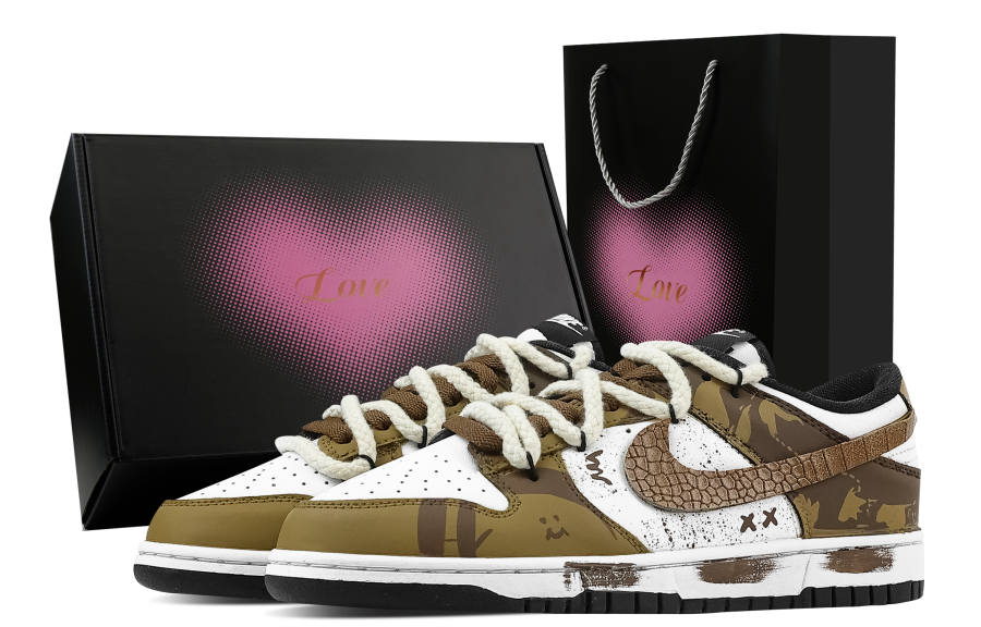 Nike Nike Dunk Maps Street 1 Heart Box Slip Resistant Abrasion Resistant Low top Skateboard Shoes Unisex Brown White