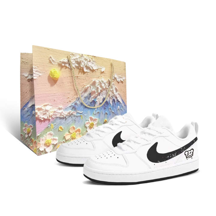 Nike Nike Court Borough Angry Bear Synthetic Leather Slip Resistant Slip Resistant Low top Skateboard Shoes Black White