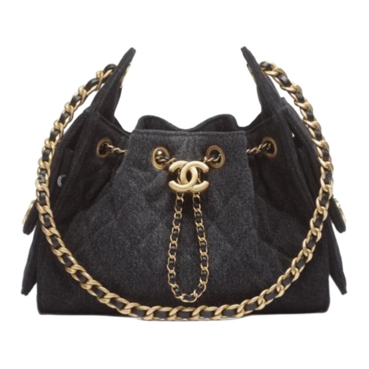 CHANEL 25Bag Washed Denim & Gold Metal Handbag, Shoulder Bag Mini Women's Black