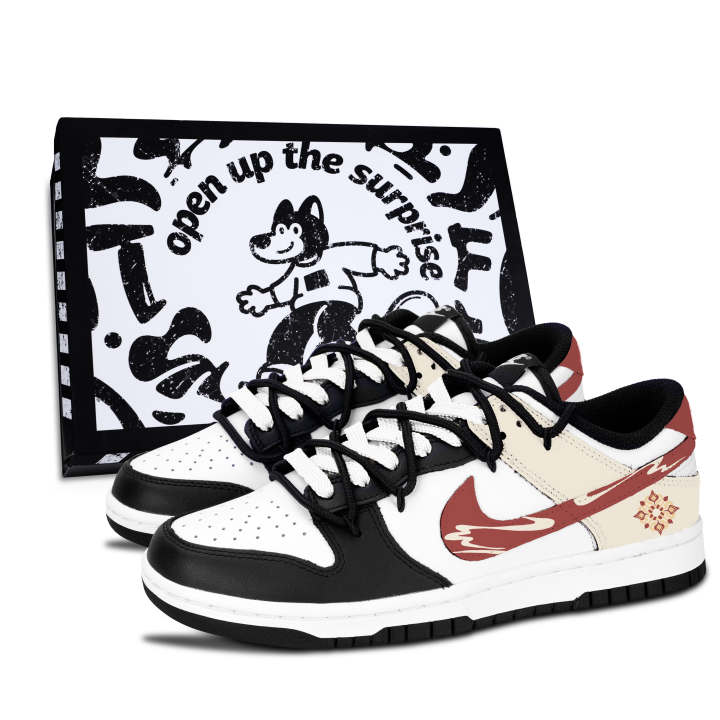 Nike Nike Dunk Black White, Red Stripe New Year Leather Slip Resistant Abrasion Resistant Slip Resistant Abrasion Resistant