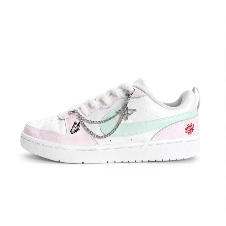 Nike Nike Pink White Silver Chain Leather Cushioning Abrasion Resistant Slip Resistant Low top Skateboard Shoes Unisex Pink