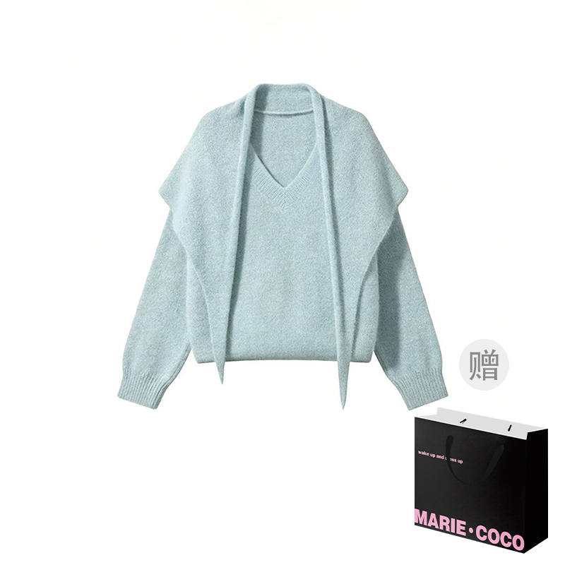 MARIE·COCO Knitwear Women's Blue Top+Shawl V Neck Moderate A Line