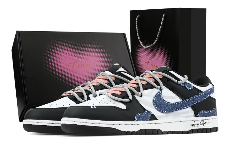 Nike Nike Dunk Ox Series Heart Box Leather Slip Resistant Abrasion Resistant Low top Skateboard Shoes Black White Kids'