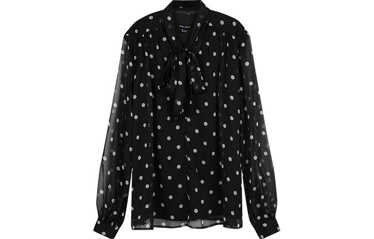 URBAN REVIVO Shirts Women's Black Print Ribbon Collar Thin Shirt