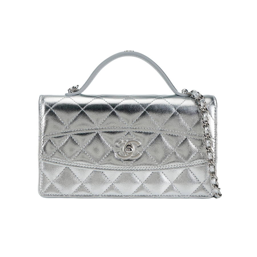 CHANEL Cow Leather Handbag Women's Silver