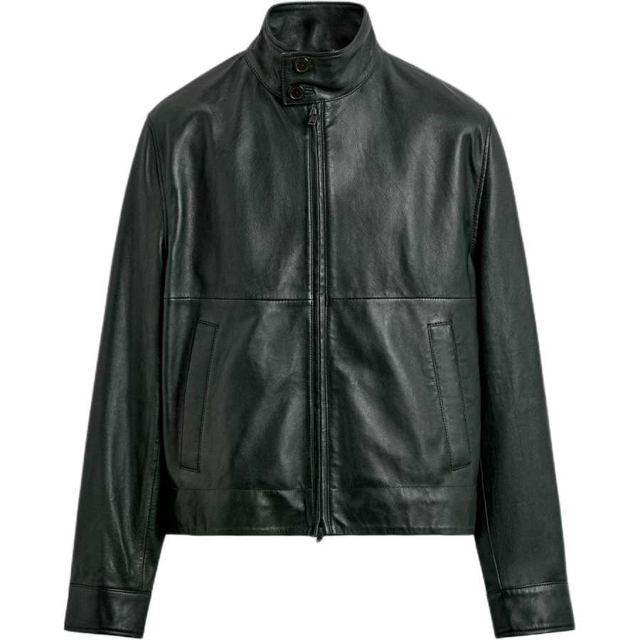 ZARA Leather Jackets Men's Green Stand Collar Moderate