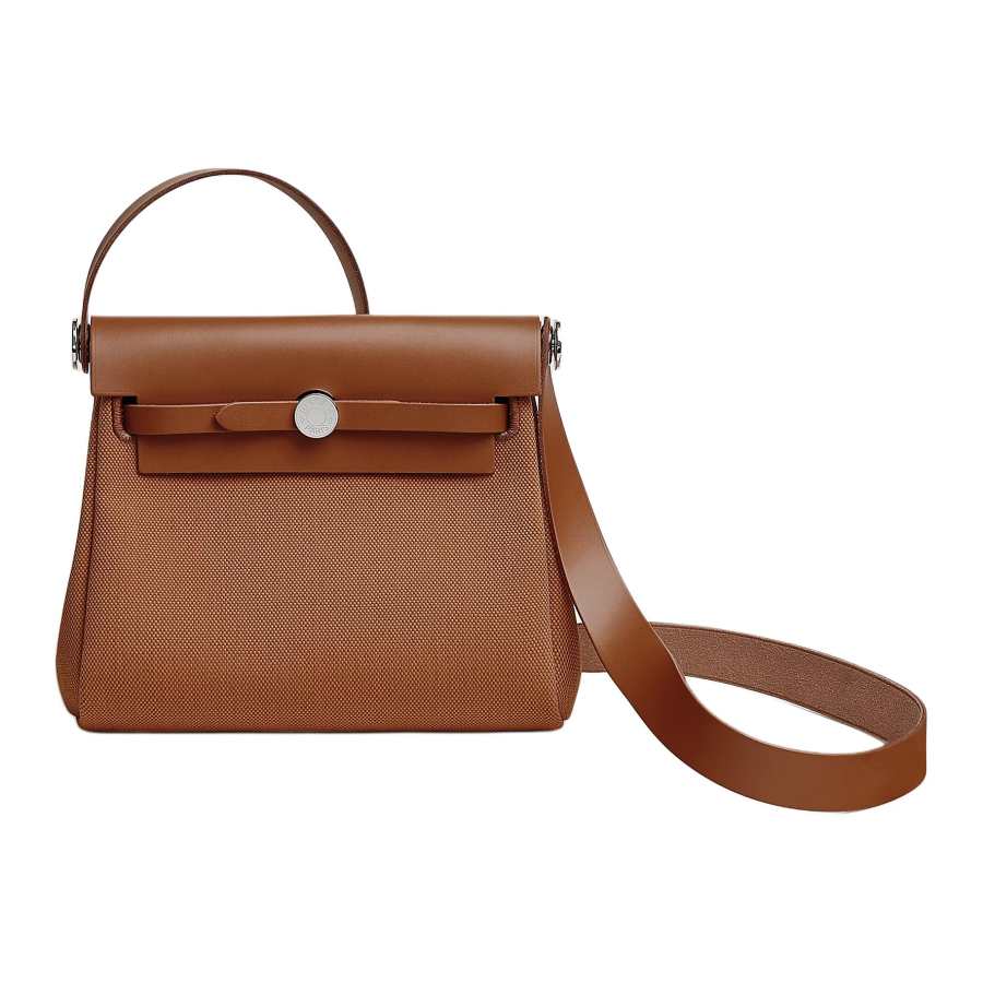 HERMES Herbag Zip Fabric With Hunter Cow Leather Shoulder Bag 20 Women's 34 Fauve Light Tawny