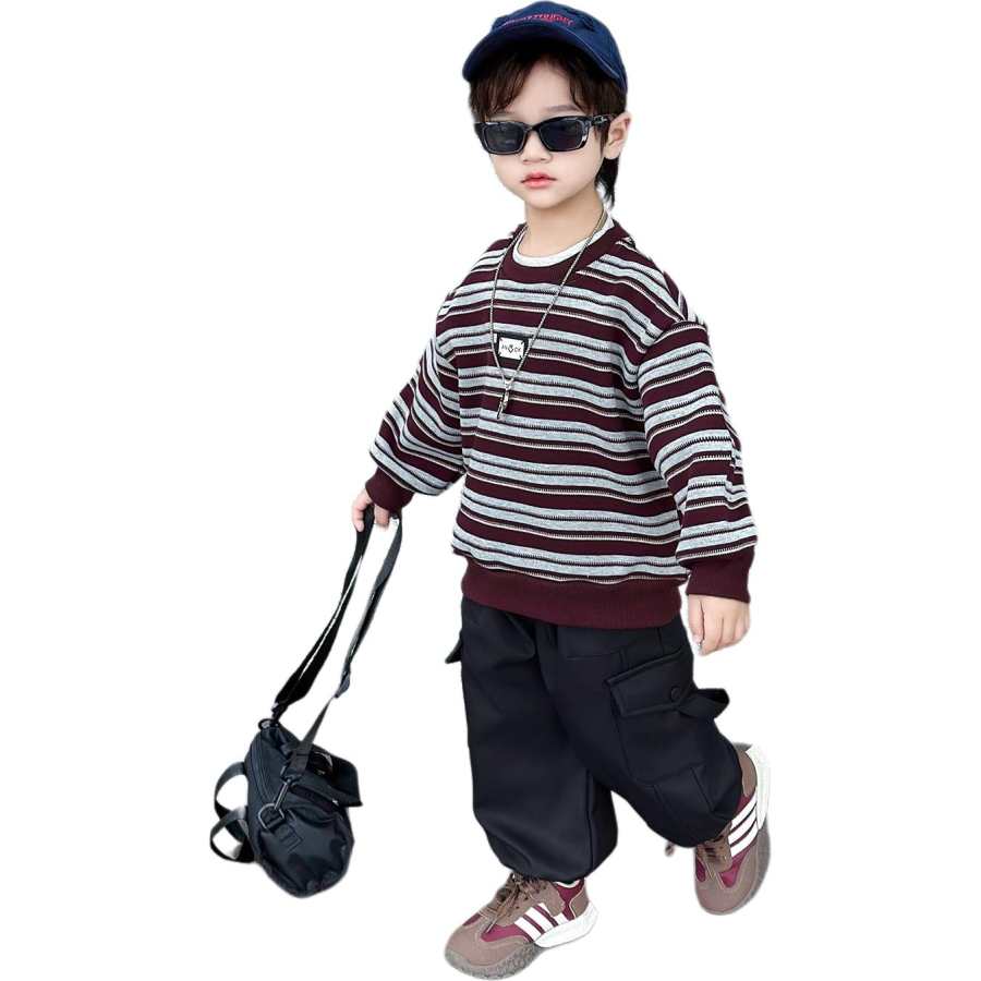 Lanza Casual Sportswear Winter Thickened And Fleece Lined Fashion Stripes Two Piece Set Children Aged 3 7 Years Old