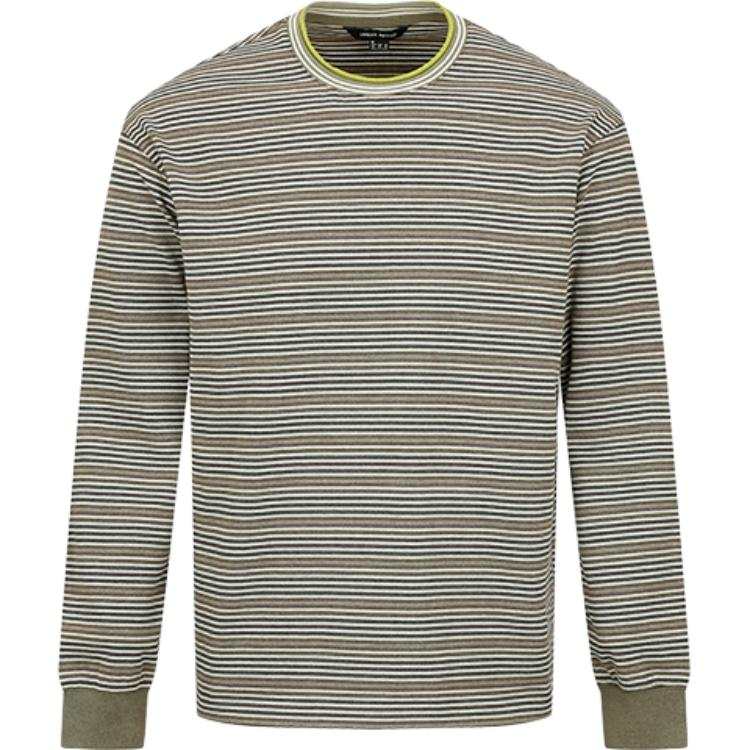 URBAN REVIVO T Shirts Men's Gray Green Stripes Crew Neck Moderate