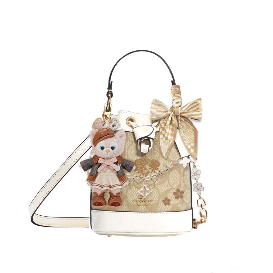 COACH Dempsey Coated Canvas Patchwork Cow Leather Crossbody Handbag Mini Women's Light Khaki