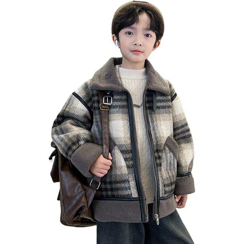 PLANDOO Boys Thickened And Fleece Lined Coat Fall Winter 2025 Medium Kids' Apparel Winter Boy Top Jacket Plaid