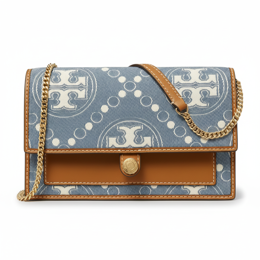 TORY BURCH T Monogram Fabric With Cow Leather Shoulder Bag, Crossbody Bag Small Women's Blue & Brown & White