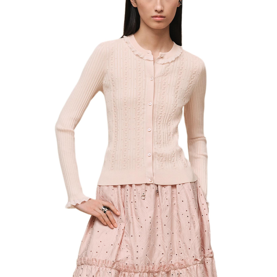 HERMES Knitwear Women's Rose Crew Neck Moderate Cardigan