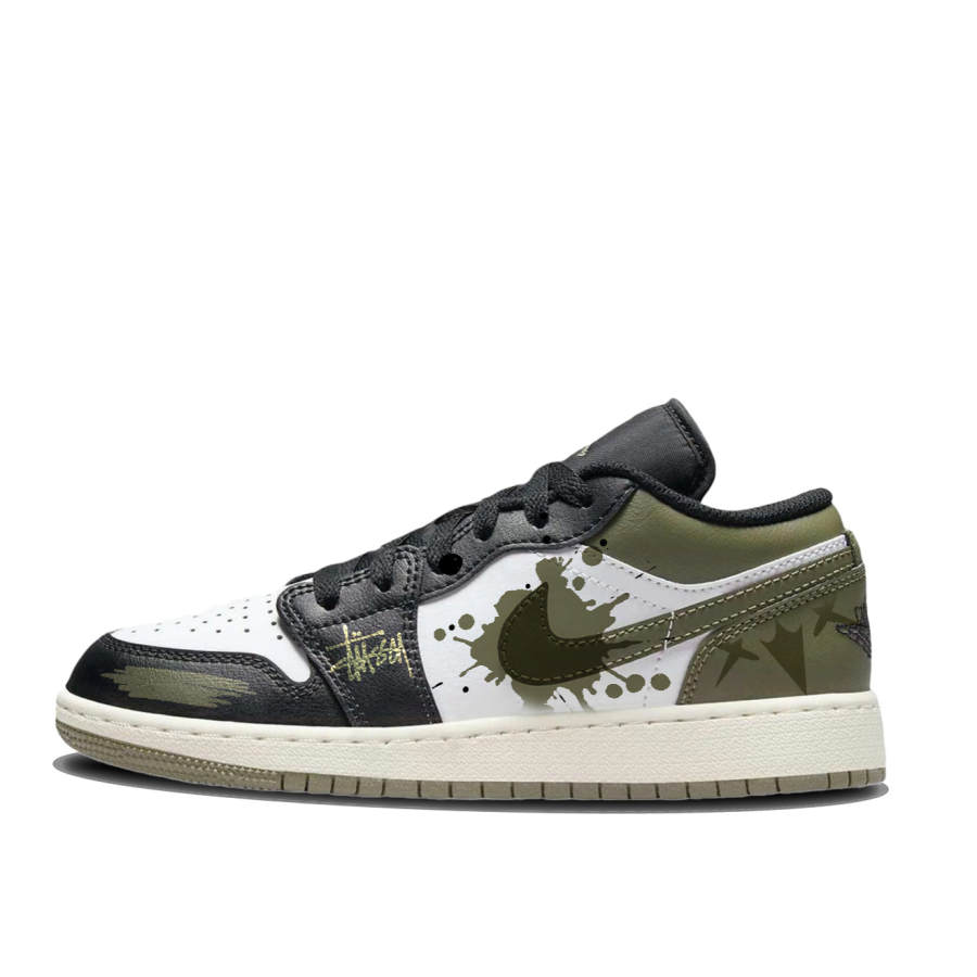 Jordan Jordan Air Jordan 1 Ink Wild Splash Slip Resistant Abrasion Resistant Low top Children's Basketball Shoes Black Green