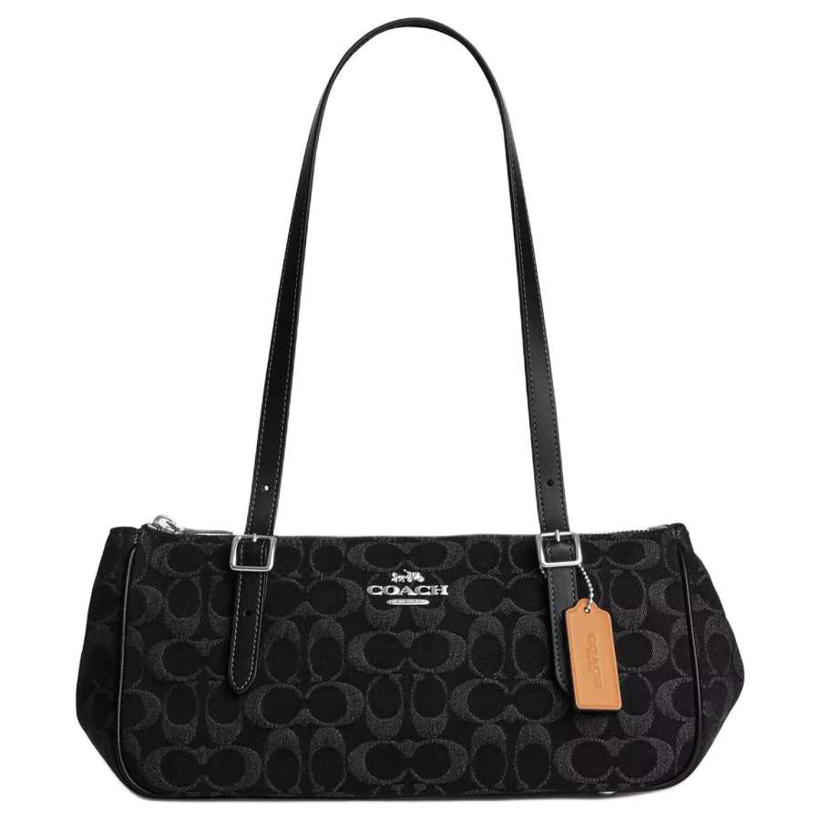 COACH Iconic Denim With Cow Leather And Smooth Leather Shoulder Bag Large Women's Black